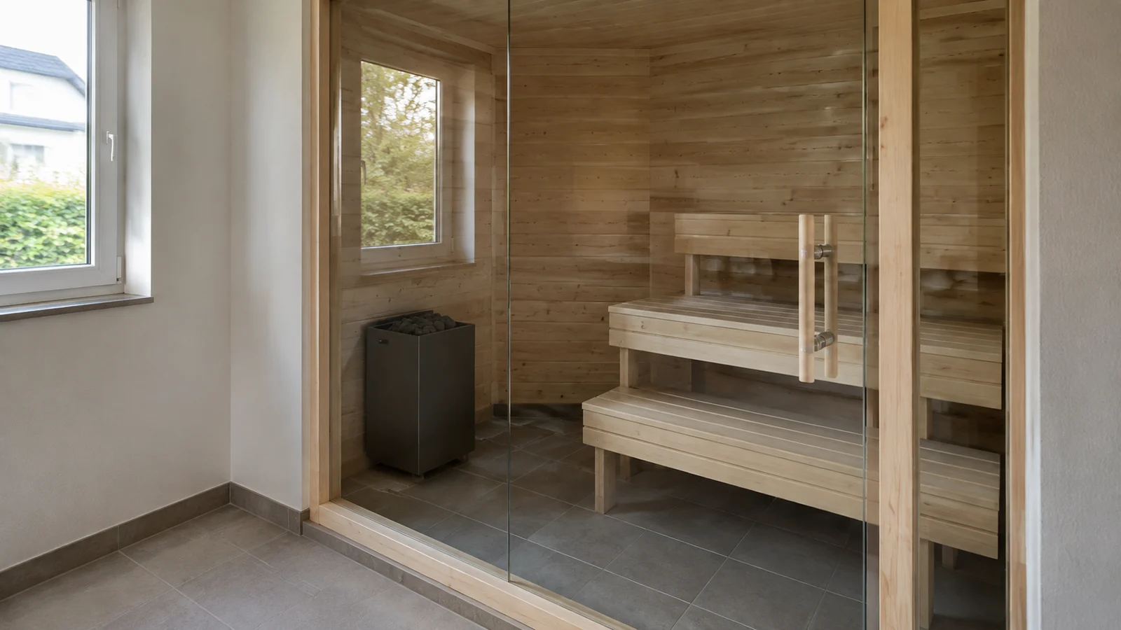 Blick aus dem Vorraum durch eine große Sauna-Glasfront auf Holzbänke und einen ausgeschalteten Saunaofen