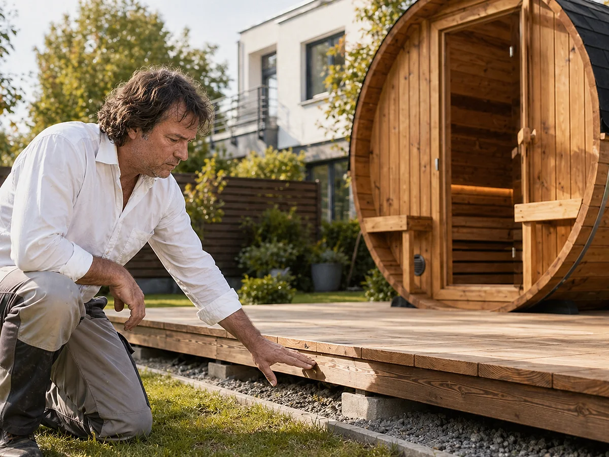 Fachmann prueft an einer Aussensauna Unterkonstruktion und Luftspalt im Sockelbereich, waehrend die geoeffnete Kabine und Holzoberflaechen sichtbar sind
