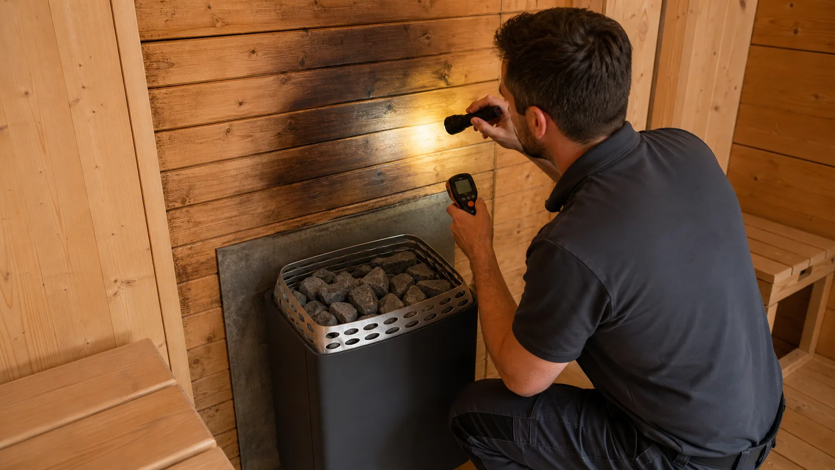 Techniker prueft mit Taschenlampe und Messgeraet dunkle Holzverfaerbungen an der Rueckwand hinter einem Saunaofen