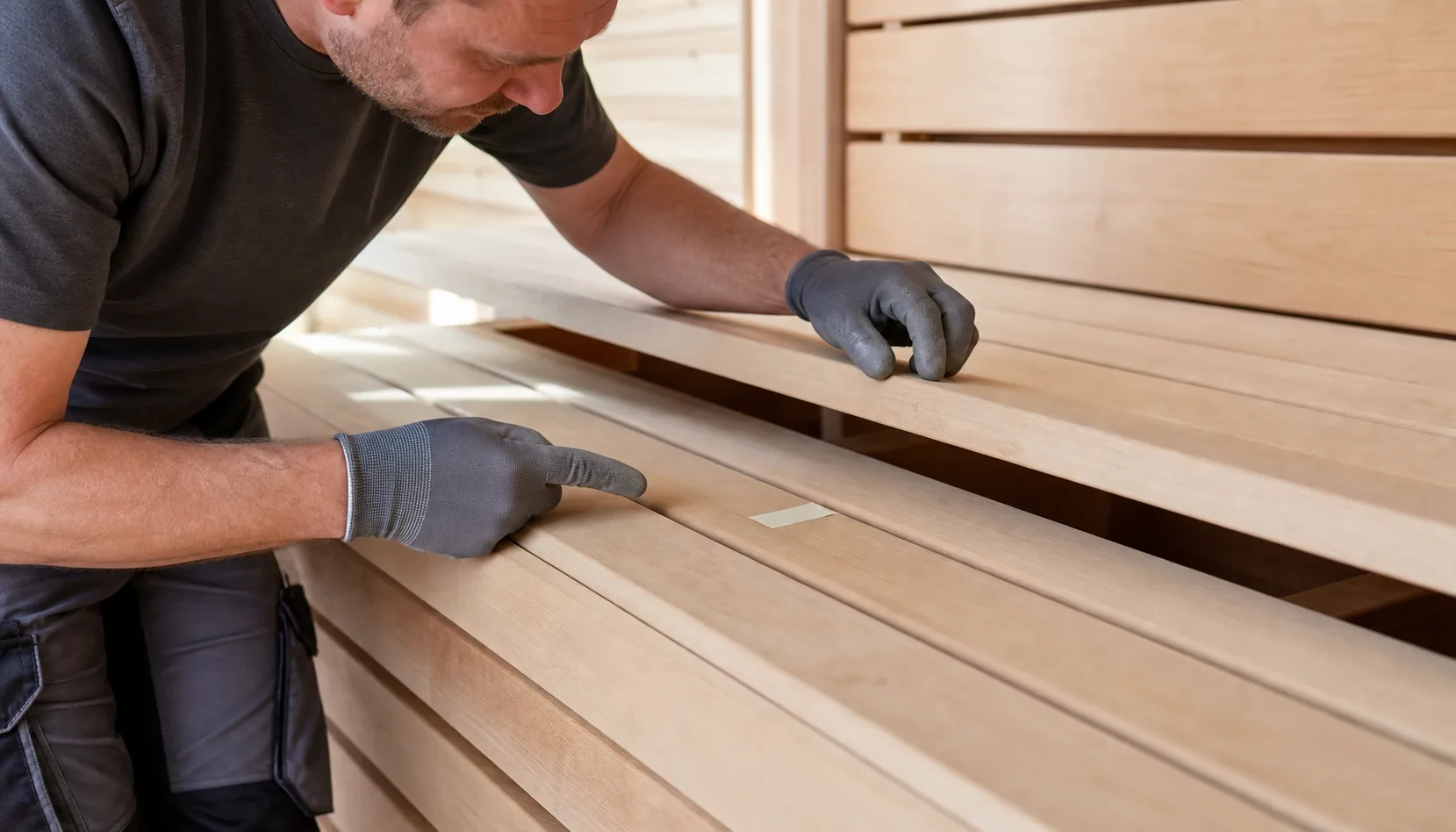 Handwerker begutachtet Saunabanklatten aus hellem Holz, prüft Risse und Verschmutzungen und markiert einzelne Latten für Austausch